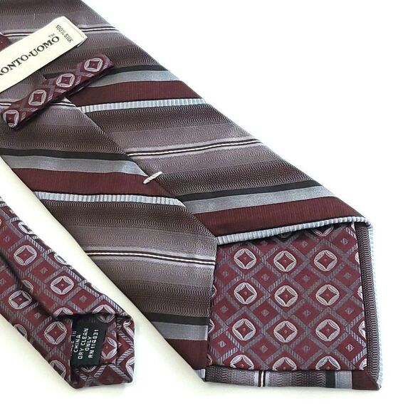 Pronto Uomo Maroon Gray Woven Striped Wide Silk Tie - Picture 5 of 6
